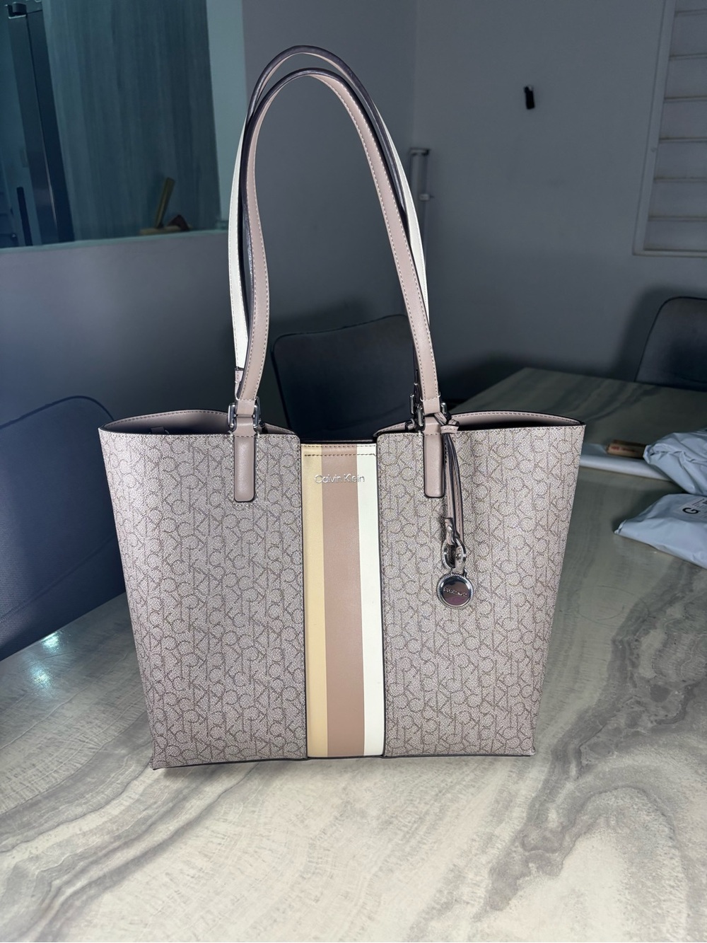 Calvin Klein Signature Monogram Tote Bag – Beige/Taupe + Pouch